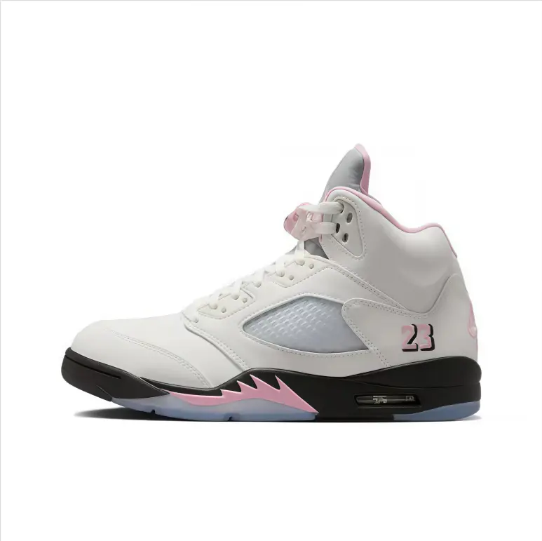 High‑top basketball sneakers smooth white leather upper pink trim details pink shark tooth icy translucent outsole side number 23 graphic perforated mesh panel visible air cushion feminine street vibe collectible unisex fashion sport footwear