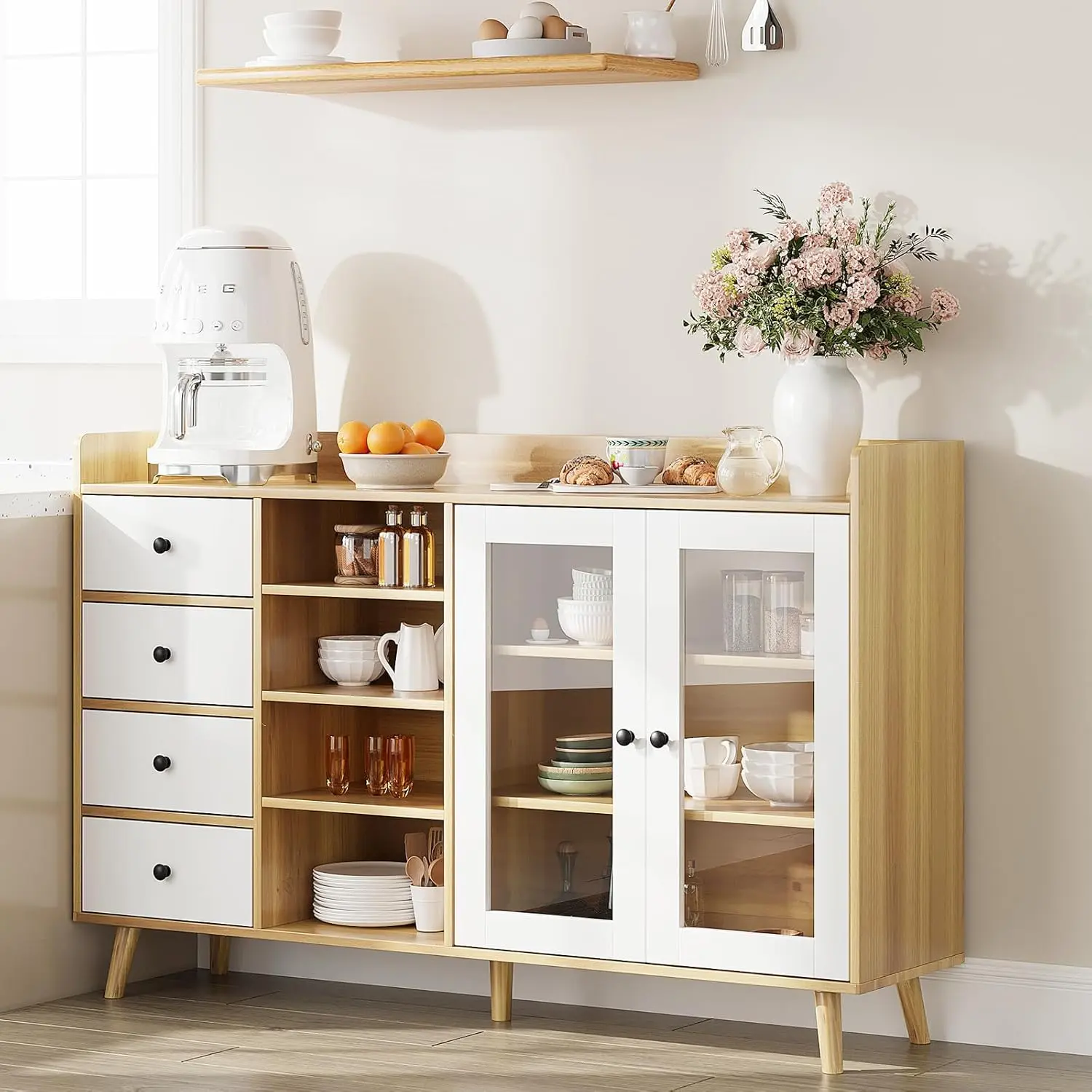 Gaomon Natural Wood Freestanding Kitchen Cupboard - 55" Width Modern Credenza Cabinet, Sturdy Design, 2 Glass Doors, Adjustable Shelves, Metal Handles, Indoor Home Furniture for Kitchen, Living Room, 2 Doors