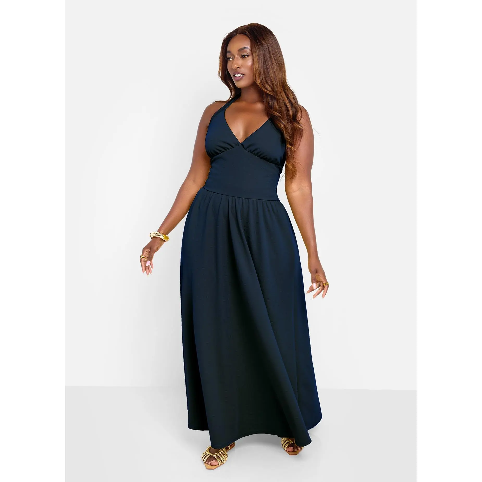halter navy dress Halter V-neck Sleeveless Court Train Half Navy Blue Prom Dresses