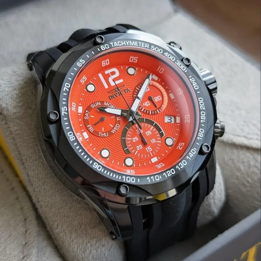 Invicta Speedway Orange Dial Men's 51mm Swiss Chronograph Watch Black Gunmetal Case Tachymeter Bezel Day and Date Triple Subdial Black Silicone Sport Strap Racing Style Oversized Bold Statement 50m Water Resistant Push Crown Buckle, Blaze Orange, Racing L