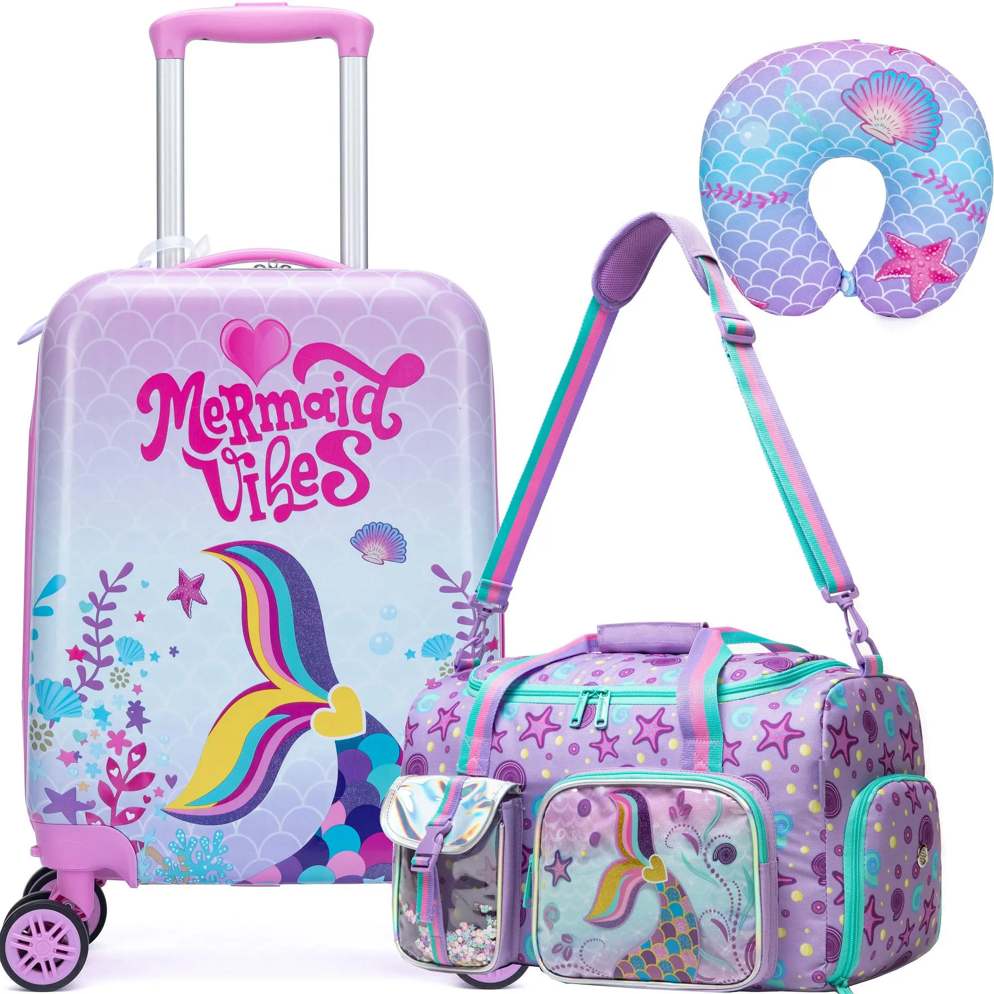 3-Piece Mermaid Hardshell Luggage Set | Pastel Purple Travel Duffel Bag with Clear Sequin Pocket | Aesthetic Spinner Wheels Suitcase & Matching Neck Pillow for Girls