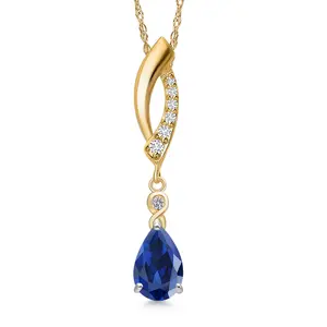 925 Silver and 10K Yellow Gold Blue Created Sapphire and Lab Grown Diamond Pendant Necklace for Women | 1.18 Cttw | Gemstone September Birthstone | Pear Shape 8X5MM | With 18 Inch Chain