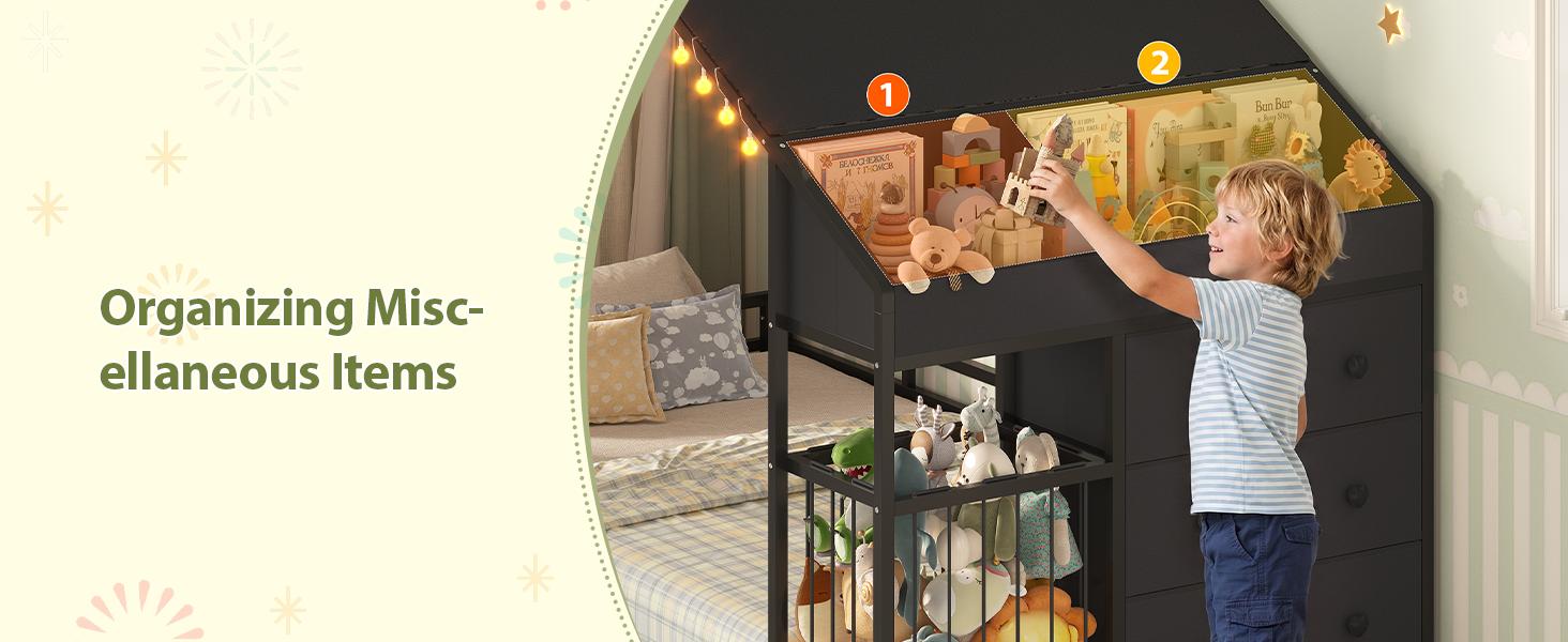 Twin Size Montessori Floor Bed with LED Night Light & Safety Guardrail, House Bed Floor Bed Twin with Drawers, Bookshelf storage & Plush Toy Storage Cage, Playhouse Bed Frame for Bedroom, Nursery, Black