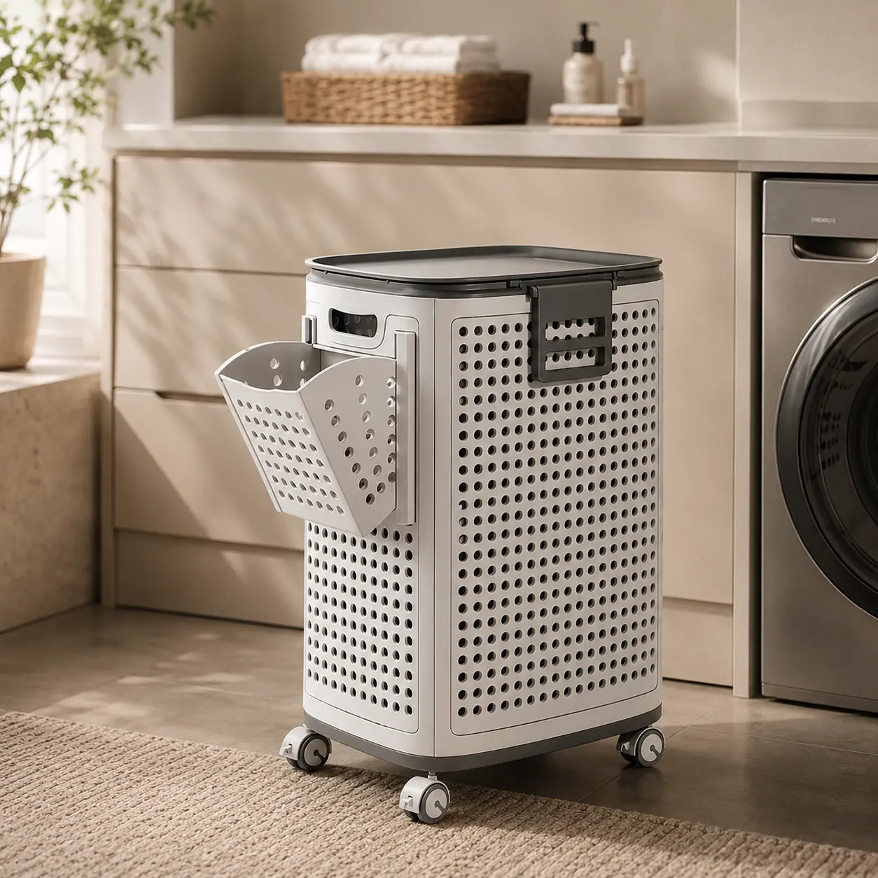 Joybos Freestanding Rectangular Plastic Laundry Basket - Foldable, Heavy-Duty, Slim Rolling Box with Lid, Wheels, Carry Handles, Removable Trays, 360 Rotation, Easy Assembly, Geometric Design, 1 Drawer for Closet, Laundry Organizers and Storage
