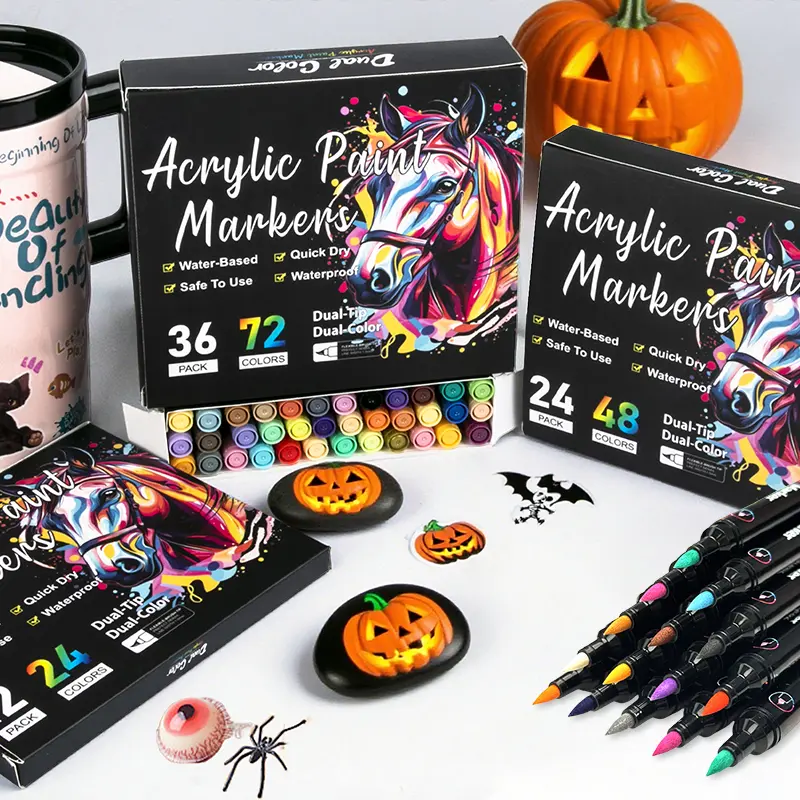 48/72 Colors Dual-Tip Waterproof Watercolor Pens, Acrylic Paint - Suitable for Rock Painting, Fabric, Metal, Glass, Wood, Canvas, Ceramic, Eggs, Pumpkins