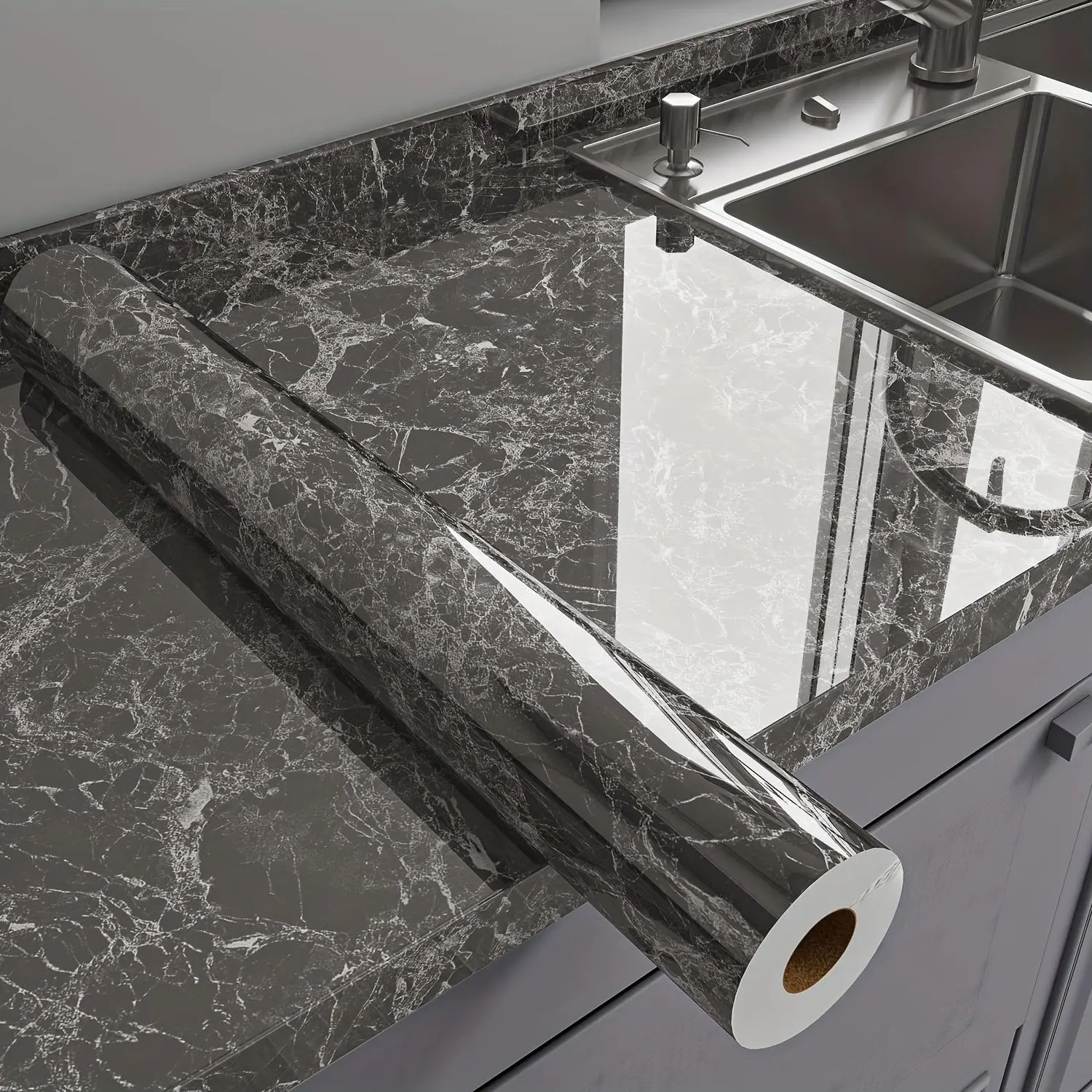 Self Adhesive Marble Grain Wallpaper, Glossy Tear-and-Stick Sheet, Heat-Resistant Waterproof Marble Backsplash Wallpaper for Kitchen Walls, Countertop Covers, Self Adhesive Wallpaper