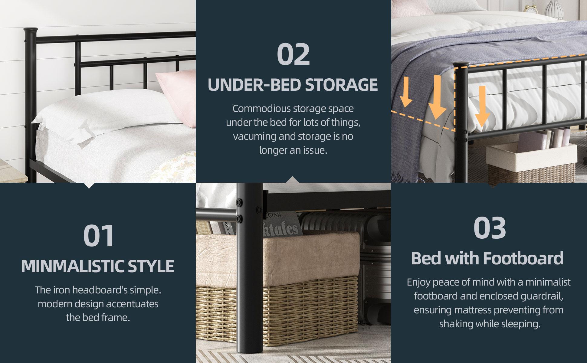 Walsunny Platform Minimalist Bed Frame with Classic Design Headboard and Footboard, Strong Metal Slat Support & Underbed Storage Space, Black Queen Size