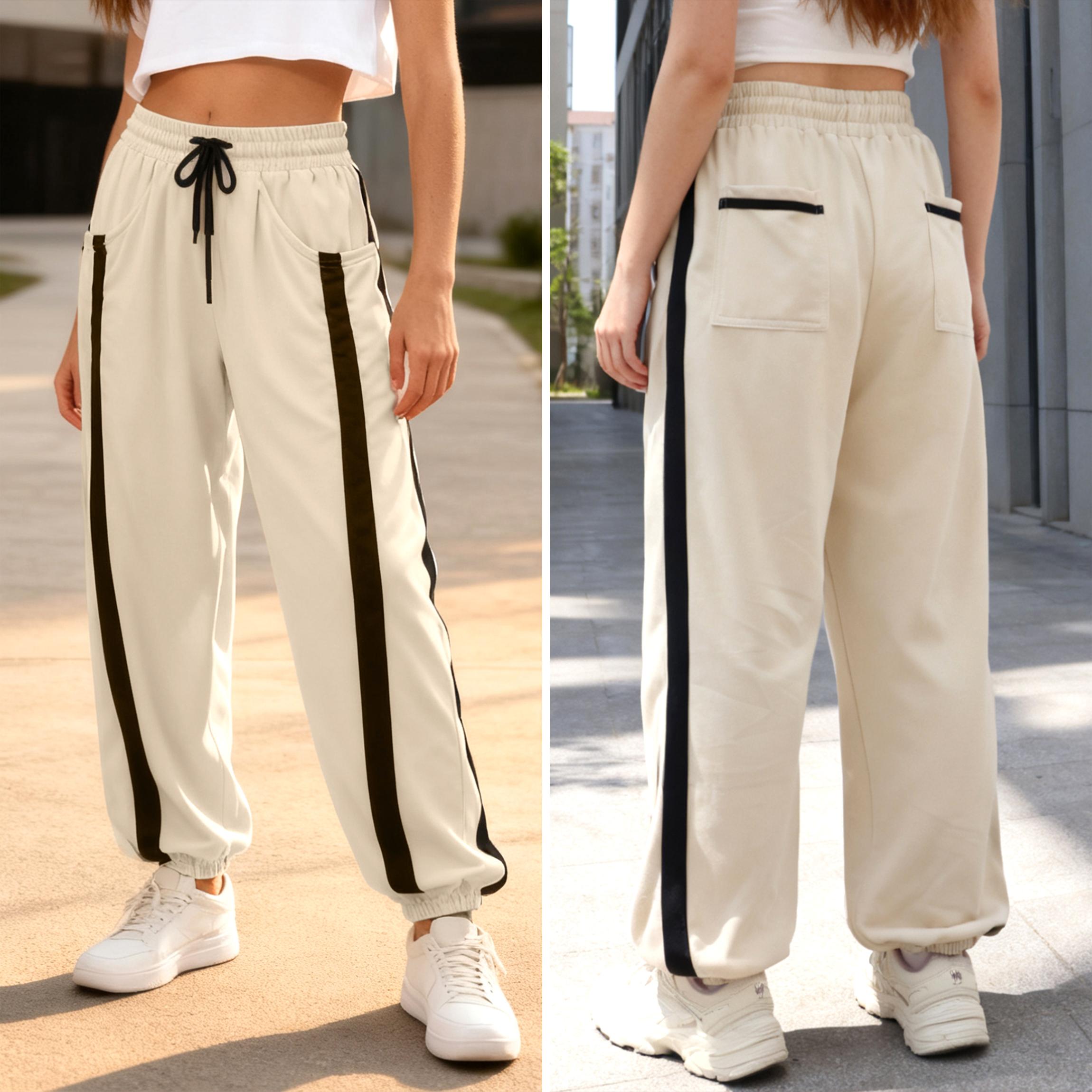 Buenoble Women's Casual Colorblock Stripe Sweatpants Loose Fit Joggers with Elastic Waist Pockets