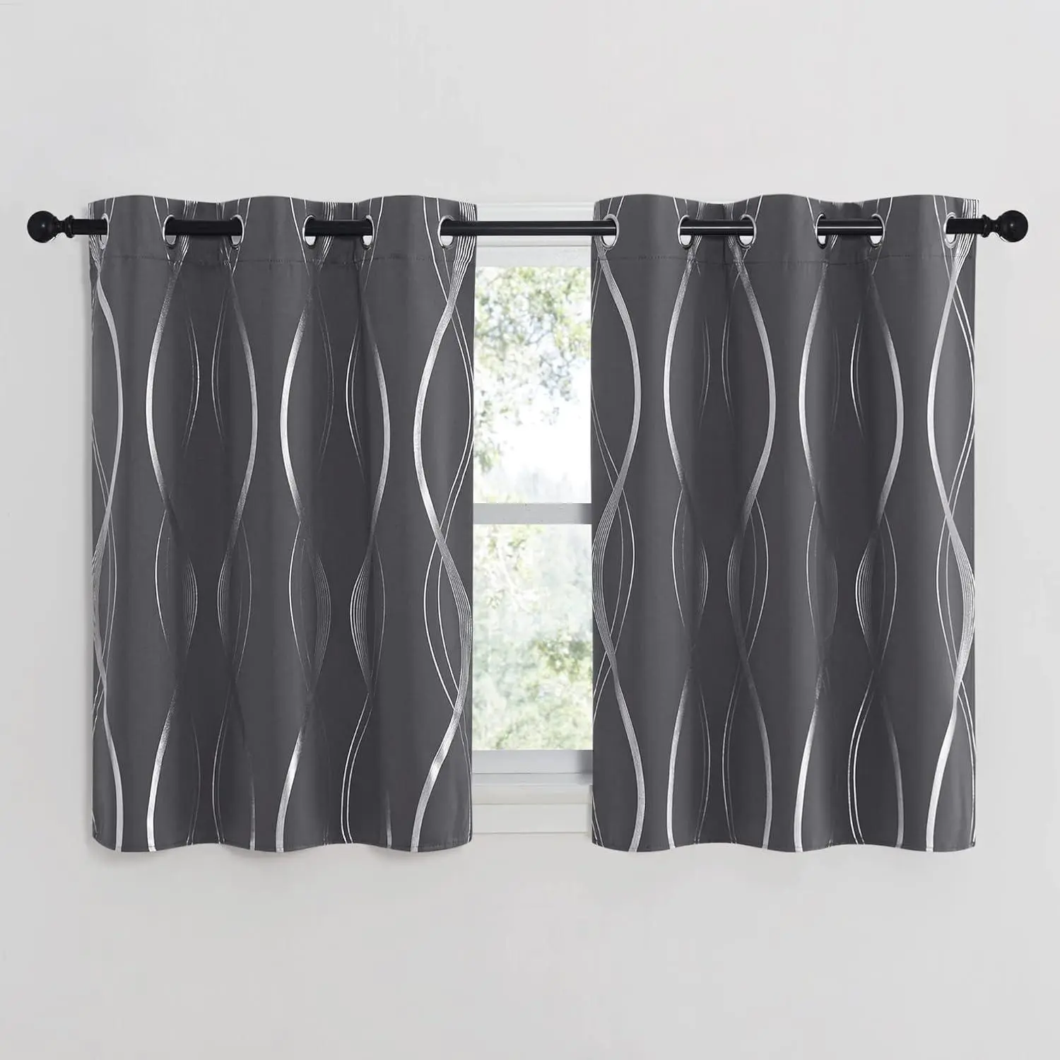 NICETOWN Blackout Curtains for Kitchen and Cafe, Thermal Insulated Solid Grommet Wave Line Foil Print Design Drapes for RV and Basement