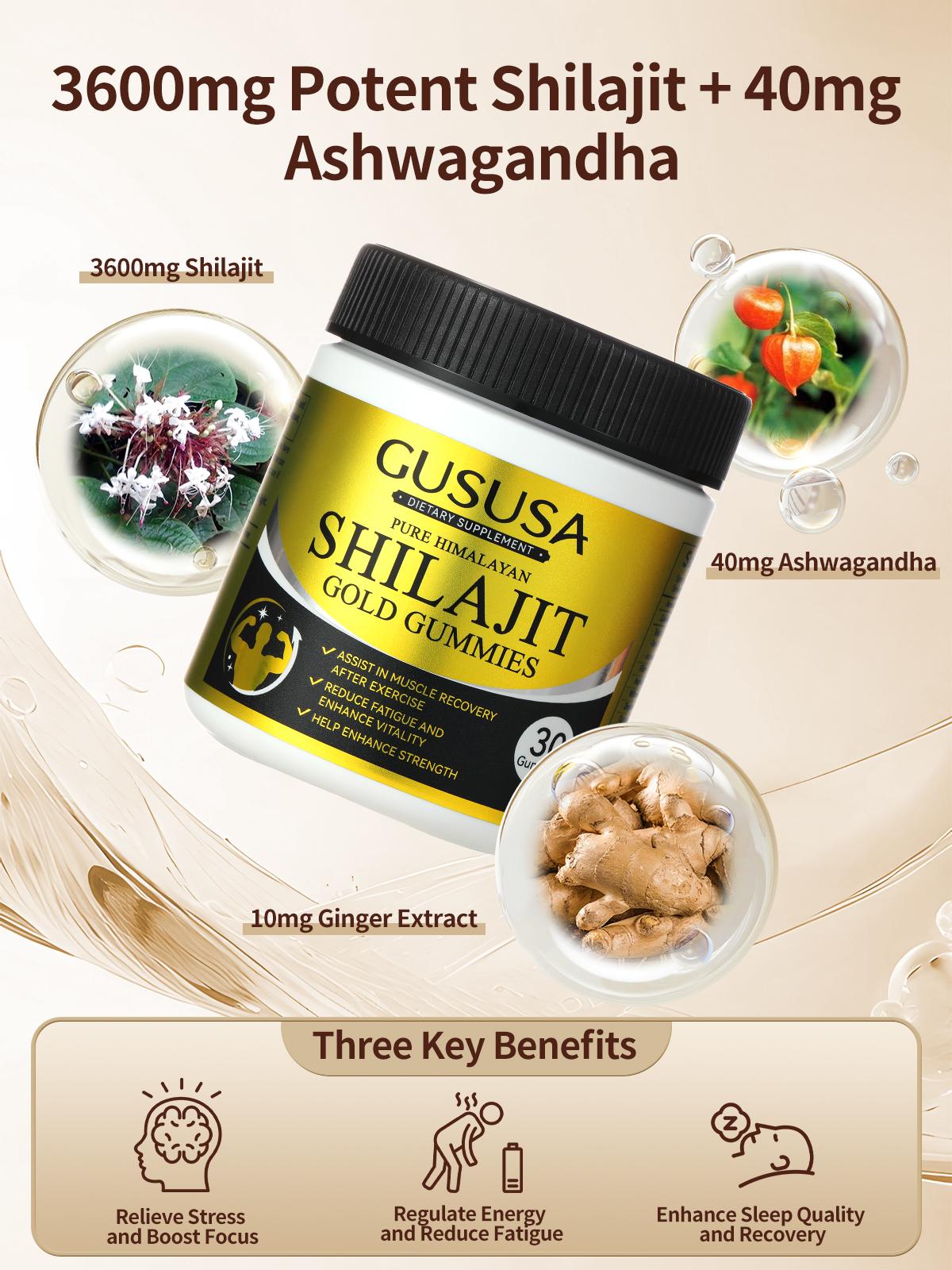 GUSUSA Pure Himalayan Shilajit Gold Gummies, Sugar-Free & Vegan, Sports Recovery Support for Athletes, Daily Fatigue Relief, 30 Count