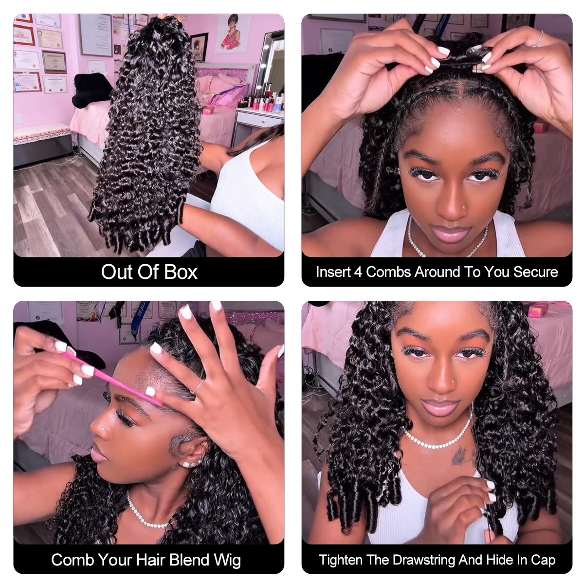 Burmese Curly Wear Go 3 In 1 Half Wig Glueless Human Hair Wig With Drawstring 220% Density Invisi Fit Strap Flip Over Wig For Beginners