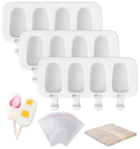 Popsicle Molds Set of 3, 12 Cavities Silicone Popsicle Molds & Ice Cake Pop Mold Maker Oval with 100 Wooden Sticks & 100 Self-adhesive Bags for DIY Cake and Ice Cream