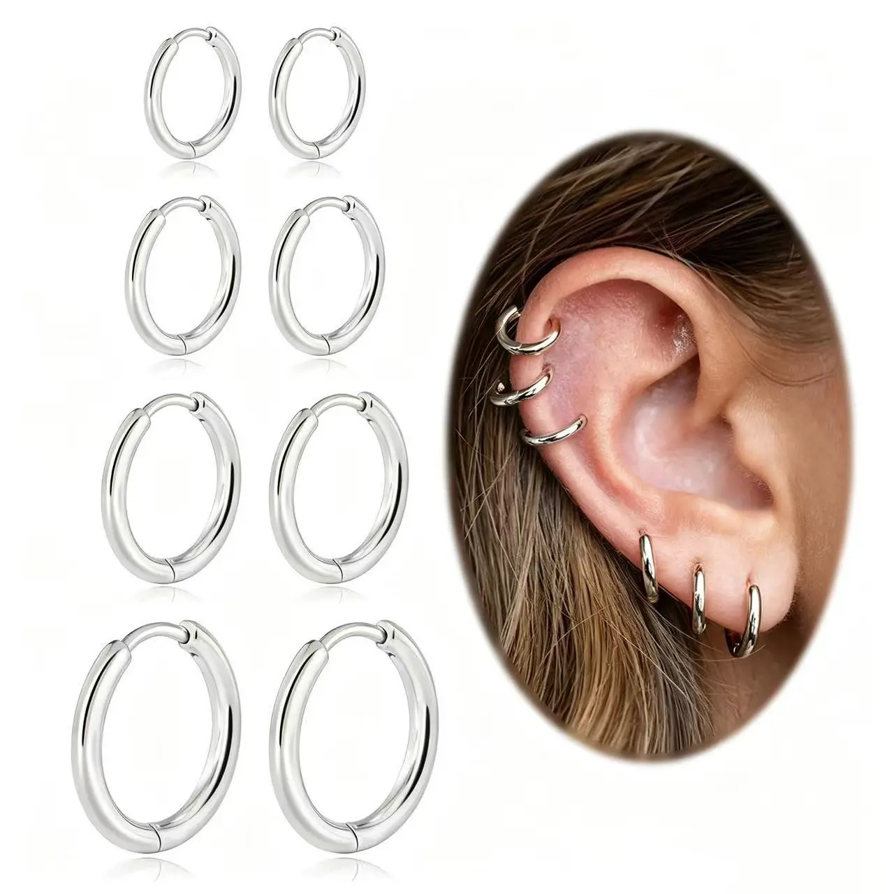 8 Pcs Minimalist Huggie Hoop Earrings Set, 4 Pairs Simple Stainless Steel Hypoallergenic Versatile Hoop Earrings, Gold Silver Stackable Cartilage Piercing Hoops 8/10/12/14mm Lightweight Fashion Jewelry Gift Set for Women
