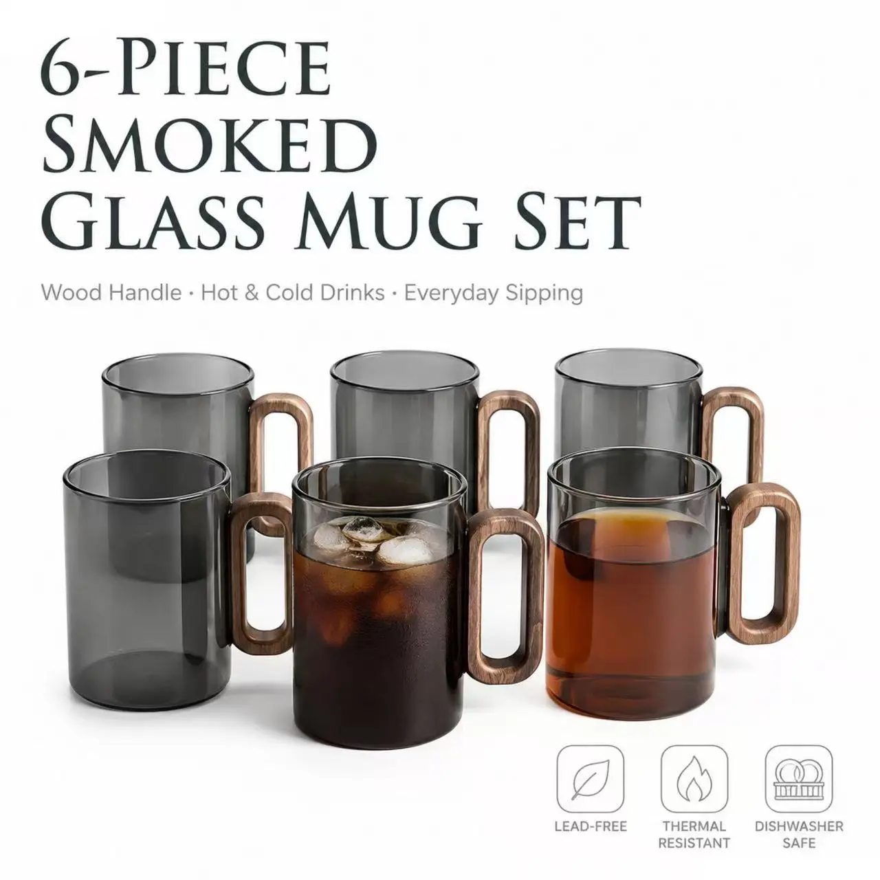 This 6-piece set of clear black glass mugs with wooden handles is made of heat-resistant borosilicate glass and is suitable for serving coffee, hot milk, and juice. Perfect for entertaining guests, and ideal for both office and home use.