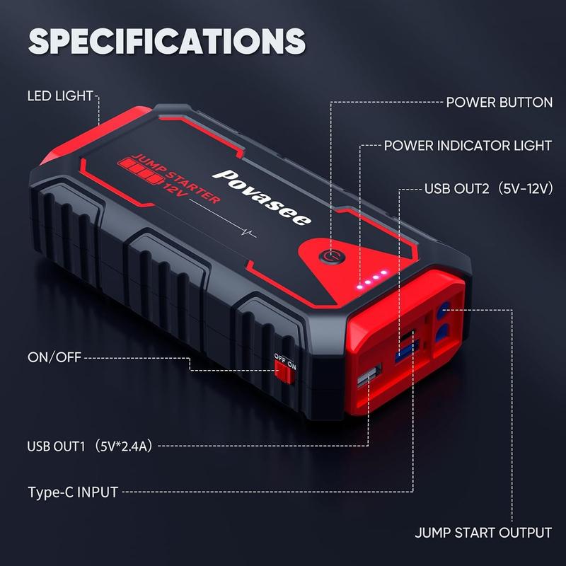 【Povasee】 5000A Portable Jump Starter 12V – Universal Car Battery Booster for Gas & Diesel Engines (Up to 10L/8L) with Built-in Power Bank & LED Light（2jump starter）