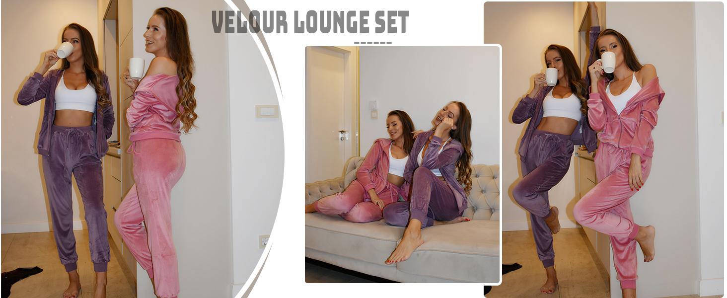 Women's Casual Velour Tracksuit Set Lightweight Full Zipper Hoodie & Workout Pants Velvet Sweatsuit Jogging Suits XS-XXL