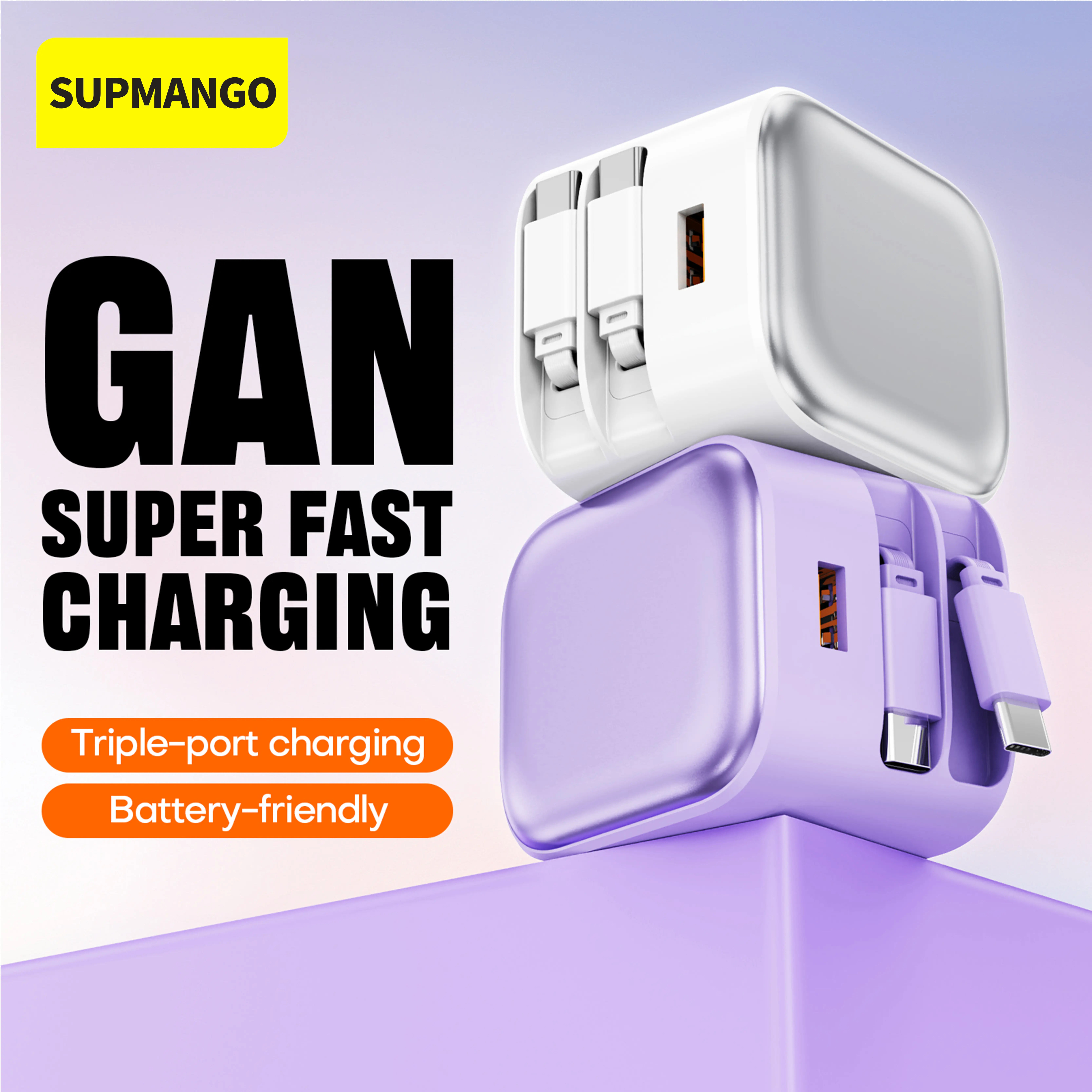 SUPMANGO 35W Output Advanced GaN Universal Wall Charger - USB Charger with 2 Auto Reel 27.5in Type-C Cables, Portable Accessory for Smartphone, Cellphone