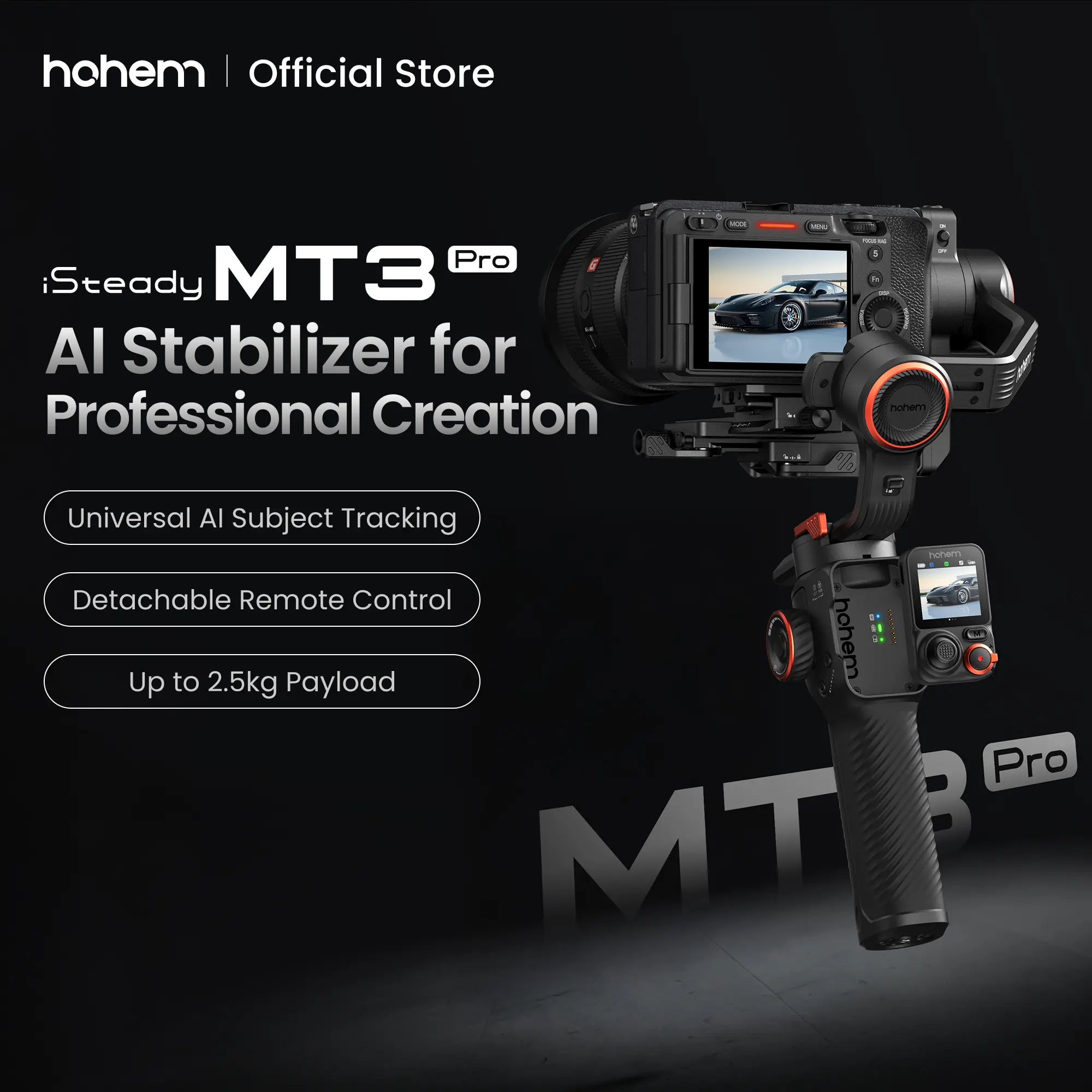 Hohem iSteady MT3 Pro 3-Axis Gimbal Stabilizer for Camera, AI Tracker with CCT/RGB Light, for Mirrorless/Pocket/Action Camera/Smartphone, Detachable Touchscreen Control, for Canon/Nikon/Sony/Fujifilm