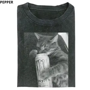 Monster Energy Cat Meme Graphic Tee, Black And White Aesthetic Shirt, Funny Hyper Cat Energy Shirt, Crew Neck T-Shirt, Streetwear Short Sleeve Tshirt, Unisex Menswear Womenswear Top