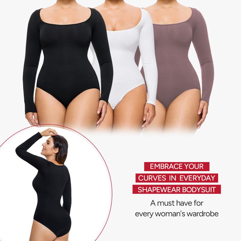 Nebility Women's Minimalist Slim-Fitting Long Sleeve Square Neck Bodysuits for Going Out Basic Leotards Outfits Shirt Tops Womenswear