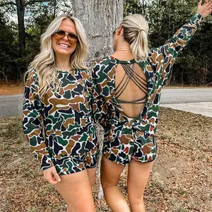 Women's Camo Long Sleeve Oversized Shirts Casual Hollow-out T-Shirts Pullover Crew Neck Tops Fall Fashion Outfits