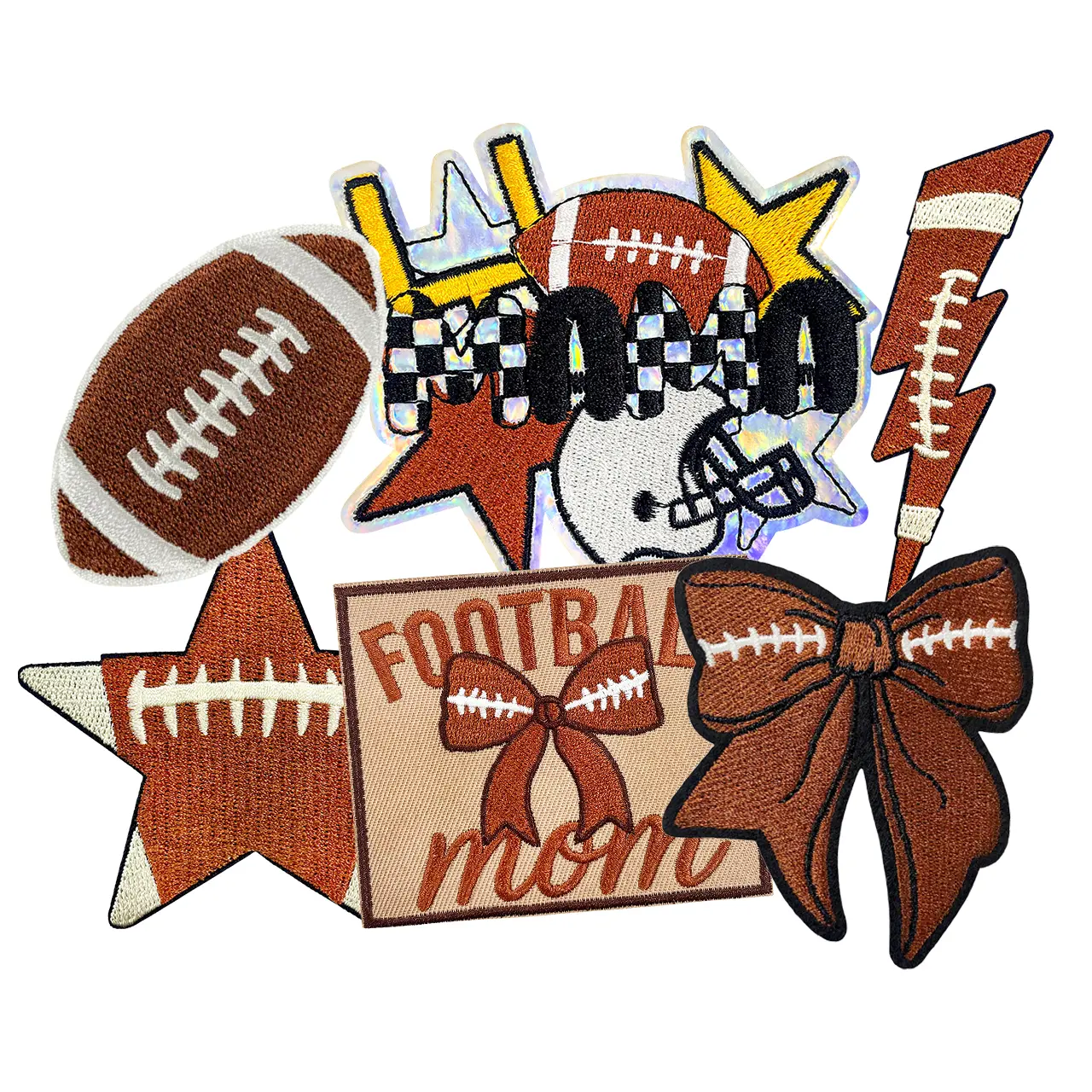 CY Football Mom Iron On Patches Set Embroidered Rugby Bow Star Lightning Applique for Trucker Hats Clothes Jackets Backpacks