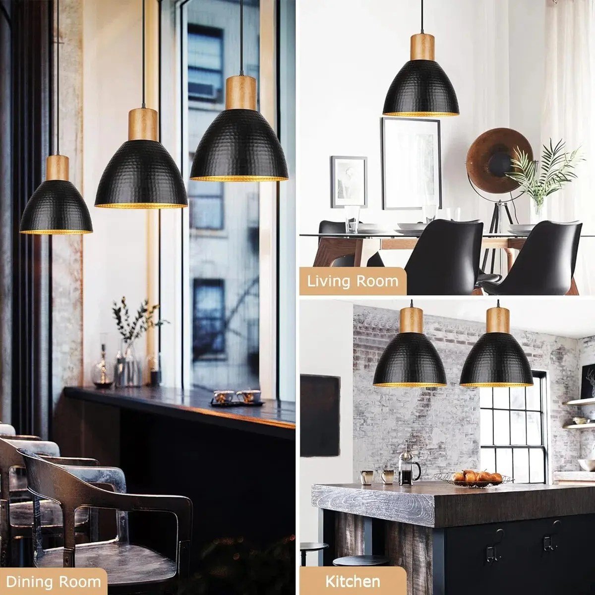 One Modern Hammered Dome Pendant Light, Black Metal Shade with Natural Wood Top, Adjustable Cord Ceiling Light for Kitchen, Living Room, and Bedroom，Bulbs not included
