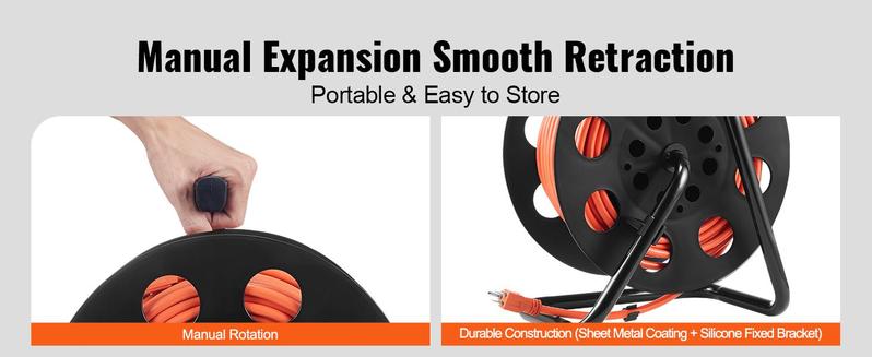 VEVOR Extension Cord Reel, TikTokShopBlackFriday, 100FT, with 4 Outlets and Dust Cover, Heavy Duty 12/14 AWG SJTOW Power Cord, Manual Cord Reel with Portable Handle Circuit Breaker, for Toolshed Garage, Tested to UL Standards