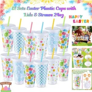 12 Sets Easter Plastic Cups with Lids & Straws 24oz | Colorful Bunny & Egg Tumblers, Spring Party Drinkware, Easter Party Supplies