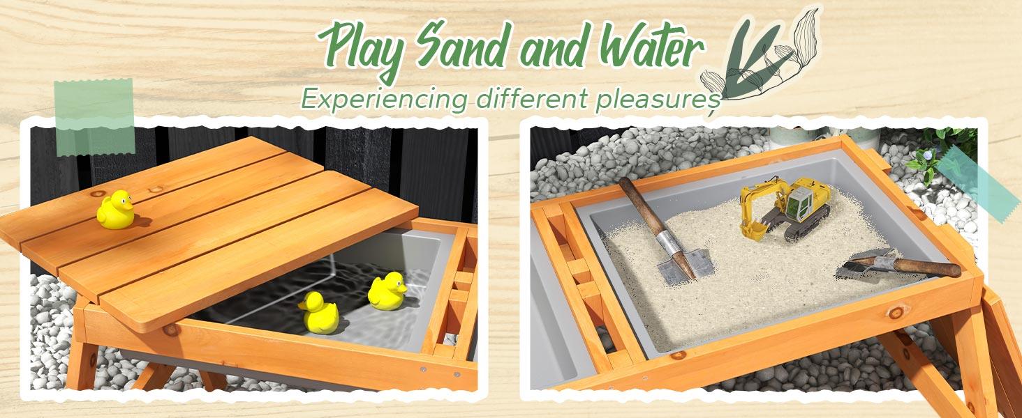 Qaba Kids Picnic Table, Wooden Outdoor Table & Bench Set with Removable Umbrella, Children Sand and Water Activity Table for Patio, Backyard, Gift for Boys Girls, Mixed Color