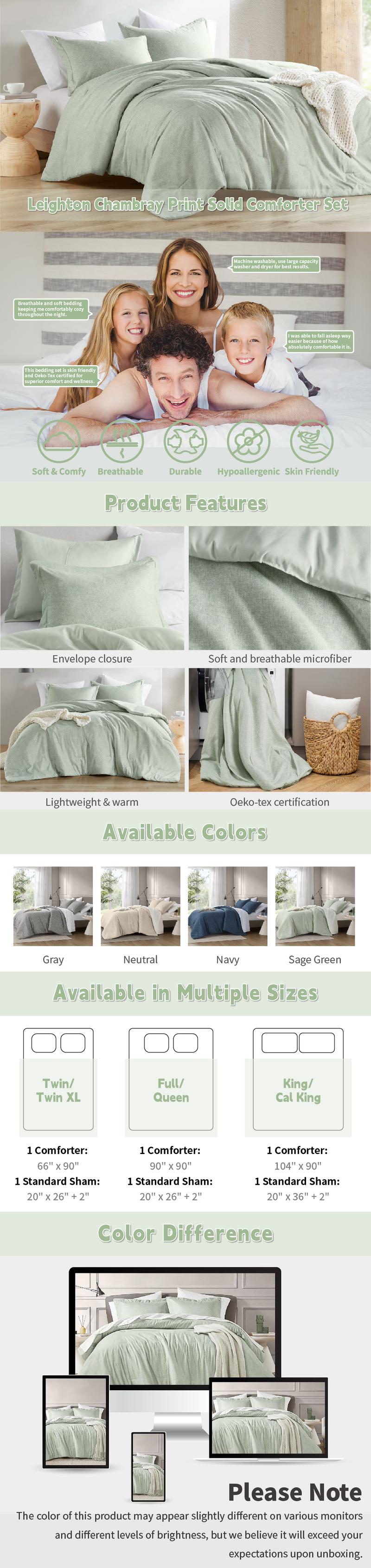 REGENCY HEIGHTS Chambray Comforter Set, Farmhouse Bedding Comforter For All Seasons Boho Bedding Set, Lightweight Solid Bed Comforter Sets, Twin/Twin XL, Full/Queen, King/Cal King, Rena