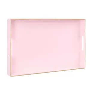 Pink Rectangular Serving Tray with Handles – 15.8" x 10.2" x 1.4" Plastic Decorative Tray for Coffee Table, Ottoman & Bathroom Decor
