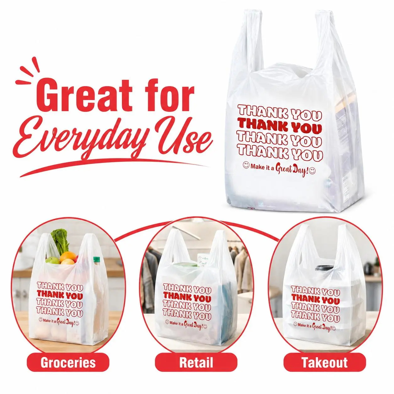 Classic Waterproof 1/8 Size Translucent White Polyethylene Thank You T-Shirt Bags with Handles - 1000-Count Case, High-Capacity Shopping Bags for Grocery, Retail Use