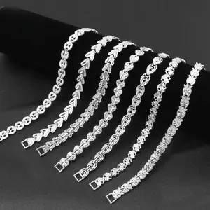 Silver Bracelet Set with Heart, Leaf & Geometric Charms, Fine Embossed & Polished Finish, Fashion Stackable Unisex Jewelry