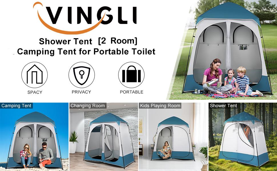 VINGLI 2 Room Shower Tent, 7.5 FT Instant Pop Up Shelter with Carrying Bag, Privacy Changing Room Tent,Perfect for Portable Toilet, Camping, Dressing, Outdoor Indoor, Easy Set Up