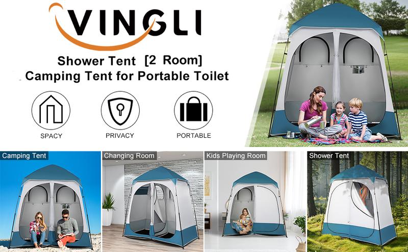 VINGLI 2 Room Shower Tent, 7.5 FT Instant Pop Up Shelter with Carrying Bag, Privacy Changing Room Tent,Perfect for Portable Toilet, Camping, Dressing, Outdoor Indoor, Easy Set Up