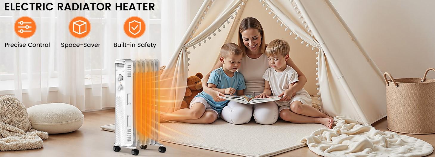 R.W.FLAME Oil Filled Radiator Heater,1500W Portable Electric with 3 Settings Adjustable Thermostat, Overheat Protection ,Quiet for Indoor Bedroom,Office, Wheels Handle Mobility, 7 Fins