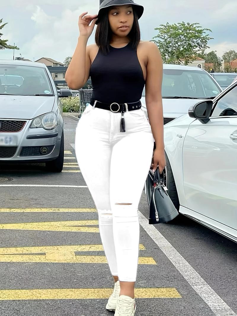 JUNBAOSS Women's Classic Mid Waisted Skinny Stretch Butt Lifting Jeans Women Totally Shaping Distressed Ripped Jeans Slim Fit Denim Pants