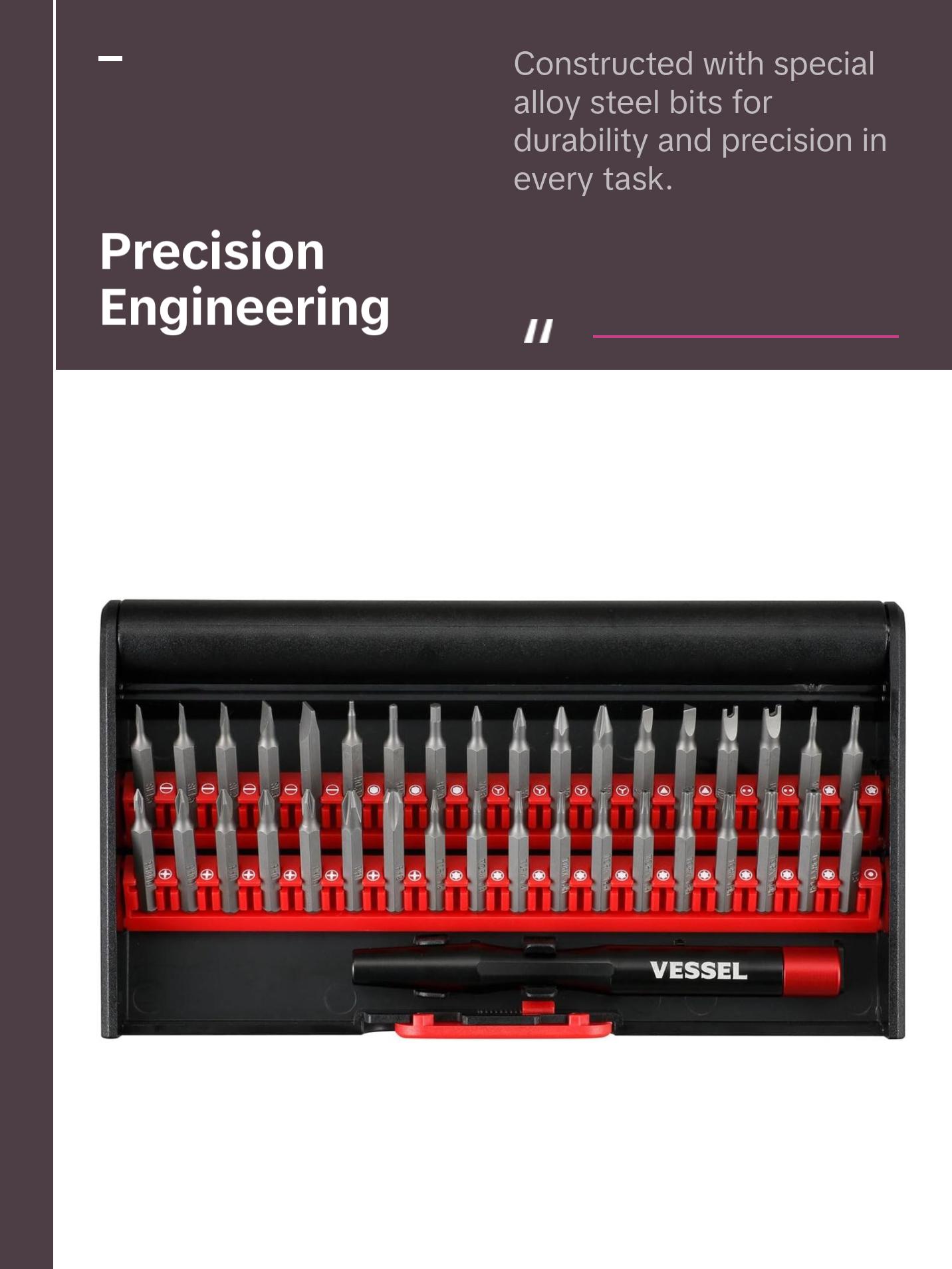 Vessel Tools 9836 Precision Screwdriver & Interchangeable Bit Set, 36 Pc.