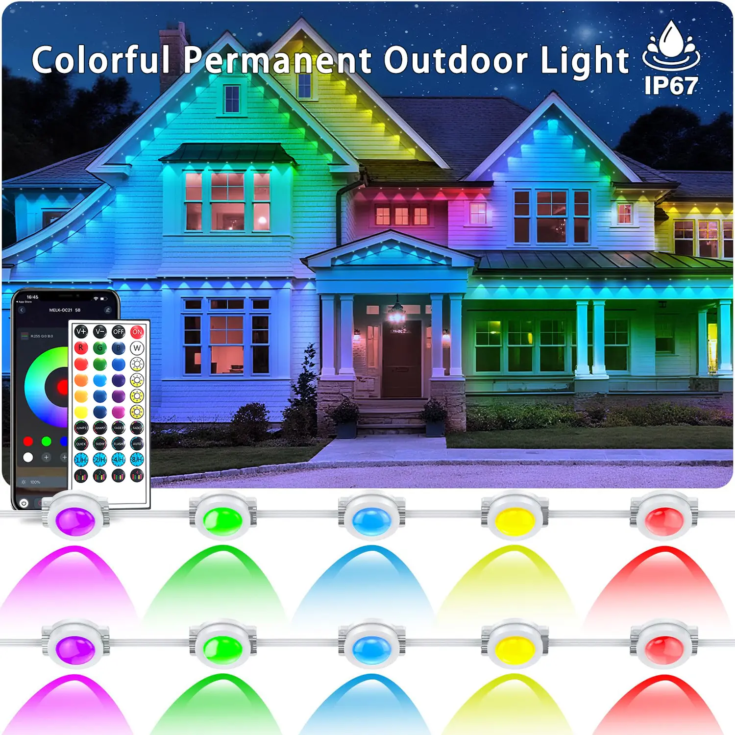 100FT RGB Permanent Outdoor Lights, IP67 Waterproof LED Colorful Flashlights, App/Remote Control Outside Flashlight,Colored lights for House Party and Holiday Decorations