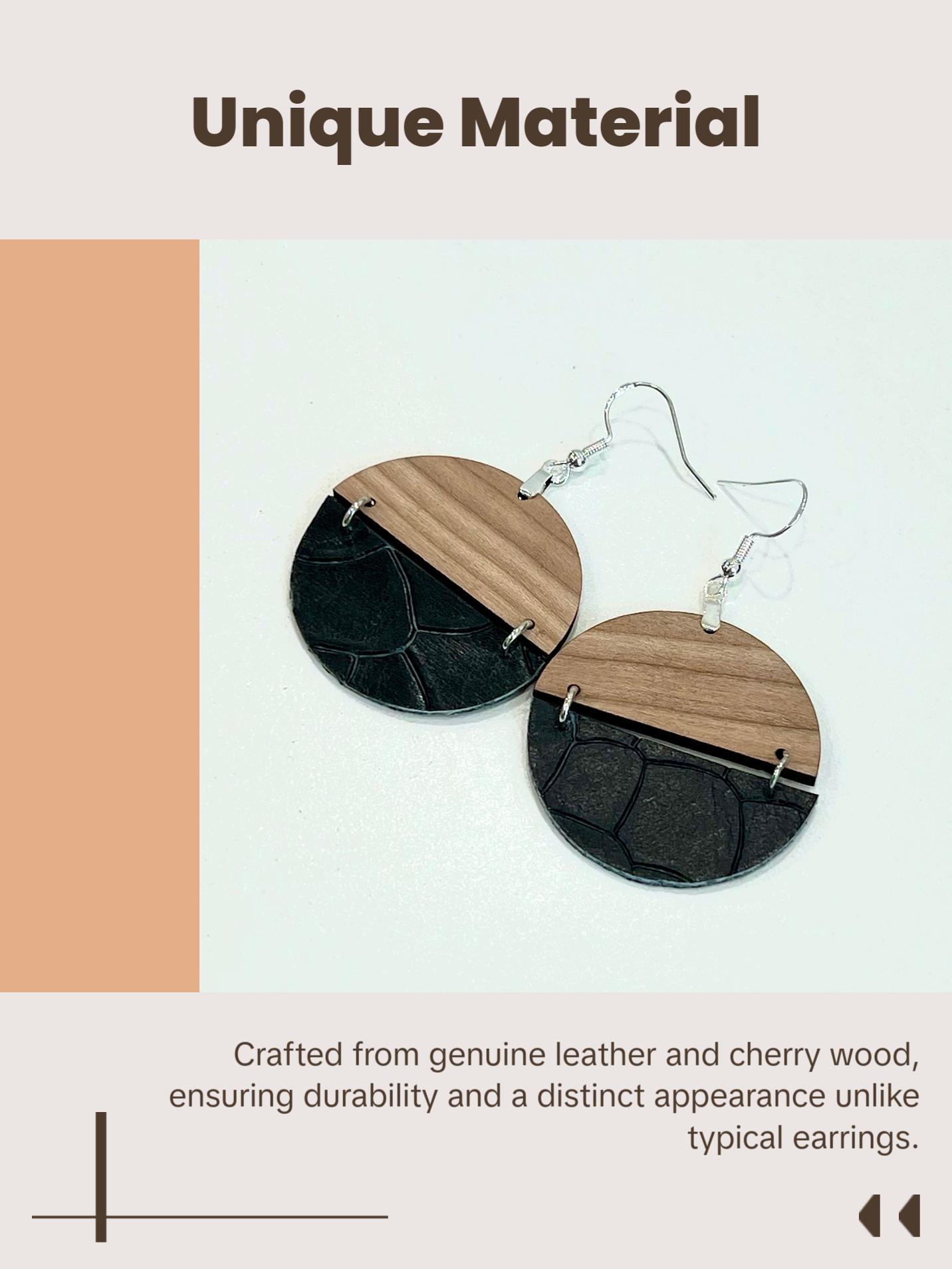 Black Dragon Scale Genuine Leather and Cherry Earrings Silver S925 clamp style hooks