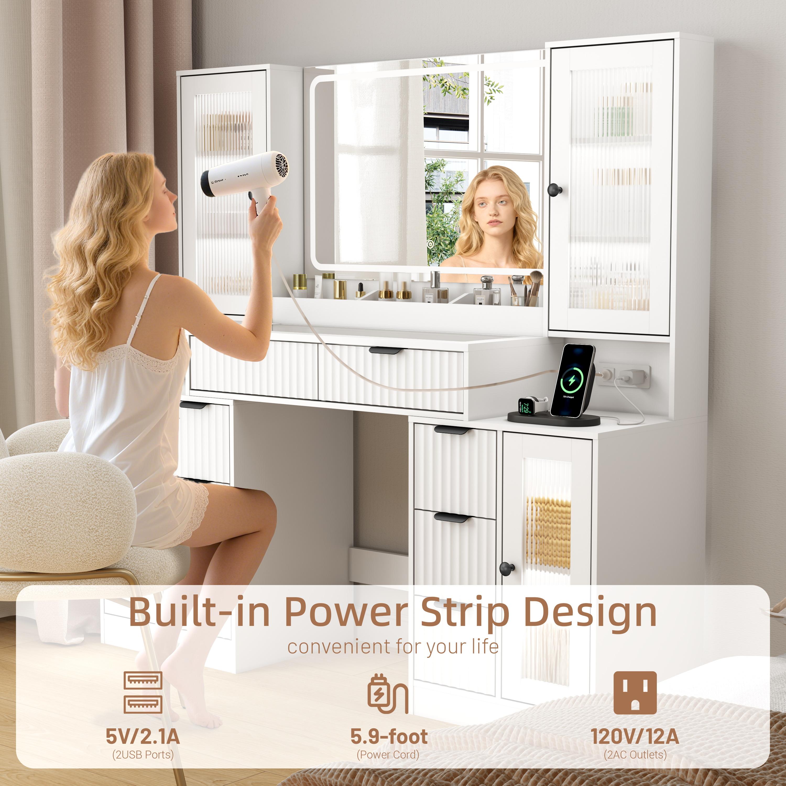 Fluted Makeup Vanity Desk with Mirror and Lights, 55" Glass Top Vanity with 8 Drawers & 4 RGB Glass Cabinets, Adjustable Shelves & Power Outlet, Modern Dressing Table for Women Girls Bedroom, Oak