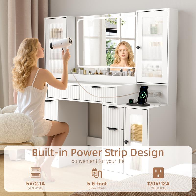 Fluted Makeup Vanity Desk with Mirror and Lights, 55" Glass Top Vanity with 8 Drawers & 4 RGB Glass Cabinets, Adjustable Shelves & Power Outlet, Modern Dressing Table for Women Girls Bedroom, Oak