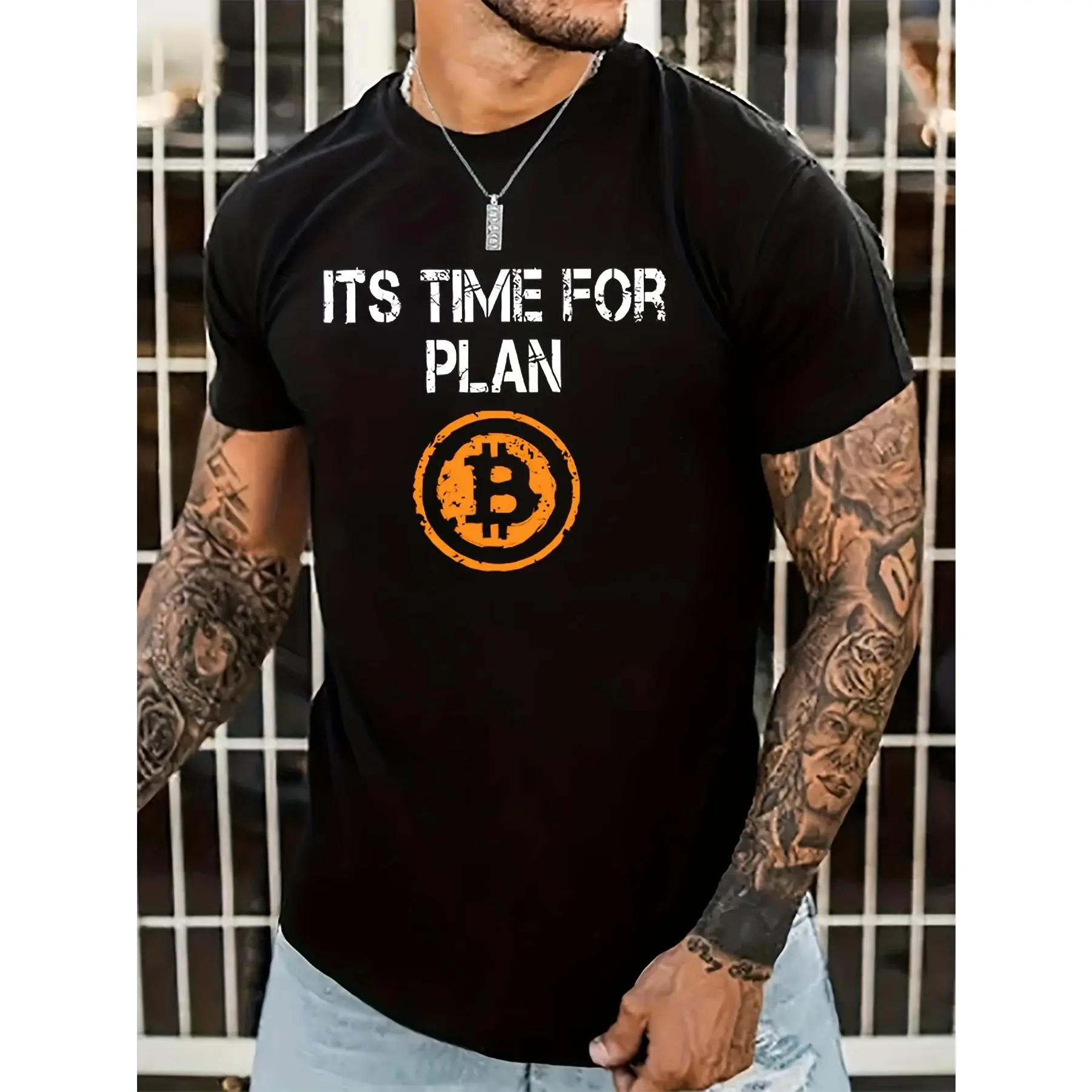 Men's Bitcoin Graphic Print T-Shirt, Machine Washable Casual Streetwear Crew Neck Stretch Polyester Knit Top, Regular Cut Short Sleeve for Spring & Summer Sports & Outdoor Wear