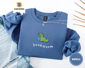 Embroidered Bookworm Crewneck, Cozy Reading Sweatshirt, Autumn Bookish Gifts