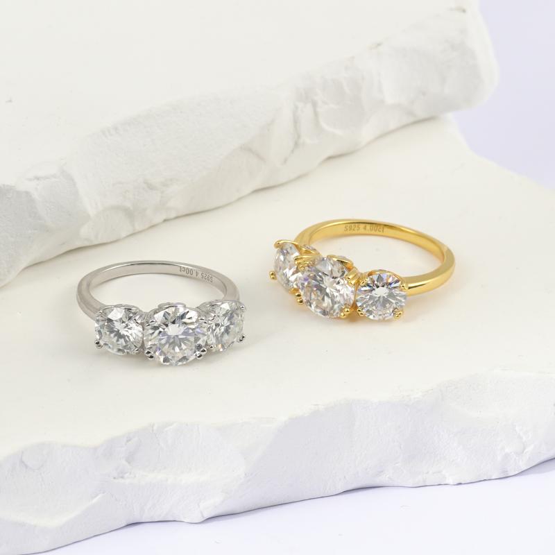 Delzzad Three Stone Prong Engagement Ring Round Cut VVS Synthetic Moissanite Ring Band S925 Christmas Gift