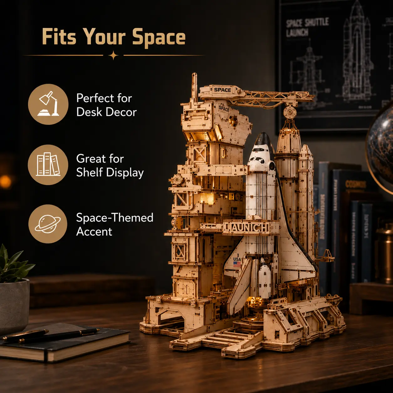 【ROBOTIME】Advanced Wooden Space Shuttle 3D Interlocking Puzzle Model Kit - USB-Powered STEM Fun Construction Toy with LED Flame Launch, DIY Science Transportation, Stress-Relief Assembly with Moving Parts, Graduation Gift for Adults