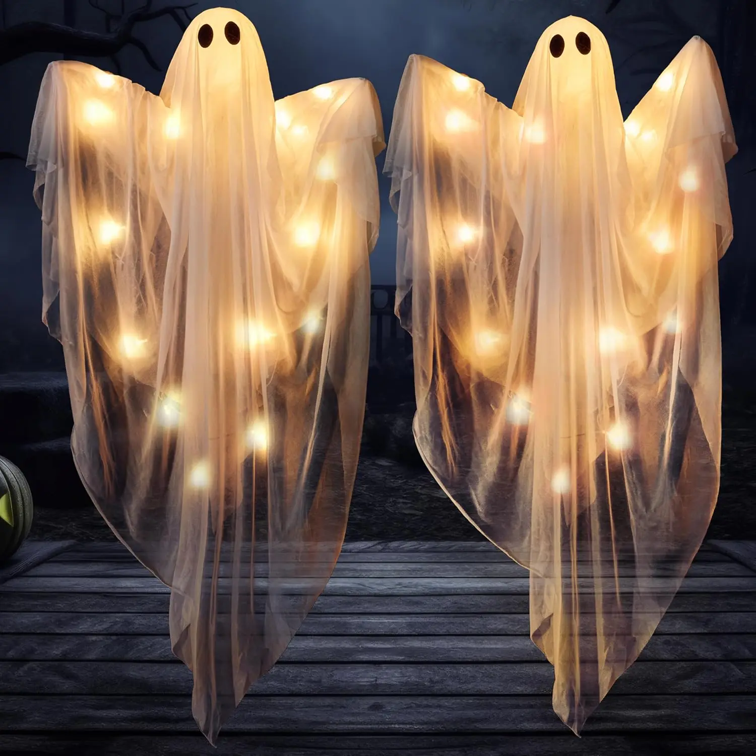 JOYIN 47” Halloween Light up Hanging Ghost Decorations Outdoor,1pcs/2pcs  Halloween Flying Hanging Ghosts with Warm LED Lights and Timer for Haunted House Prop Front Yard Patio Party Decor Indoor Outdoor