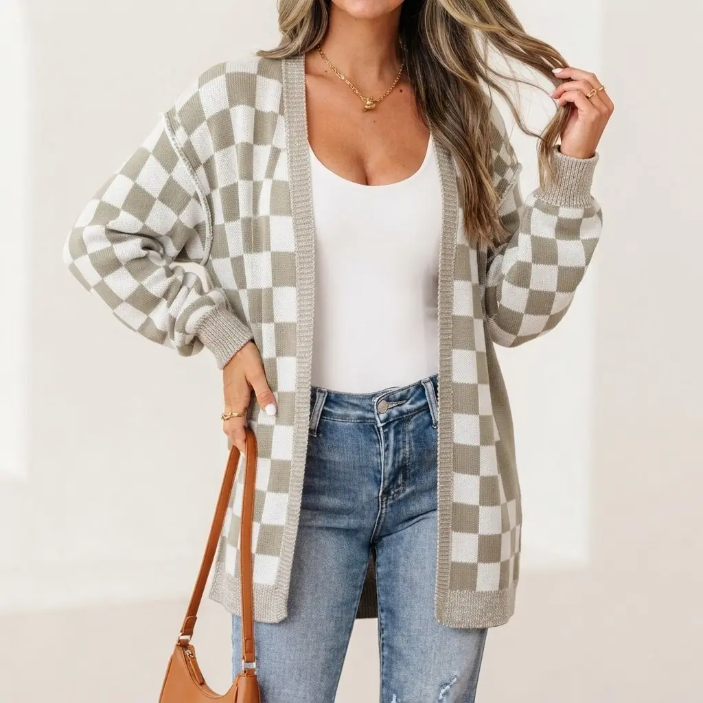 PHEFEE Women's Checkered Cardigan Sweaters Open Front Long Sleeve Plaid Knit Outerwear Casual Relaxed Fit Boyfriend Coat