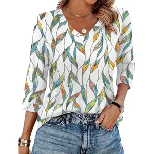 Womens Tops 3/4 Length Sleeve V Neck Casual Tunic Tops Basic Shirts Loose Fit Blouse Womenswear Black